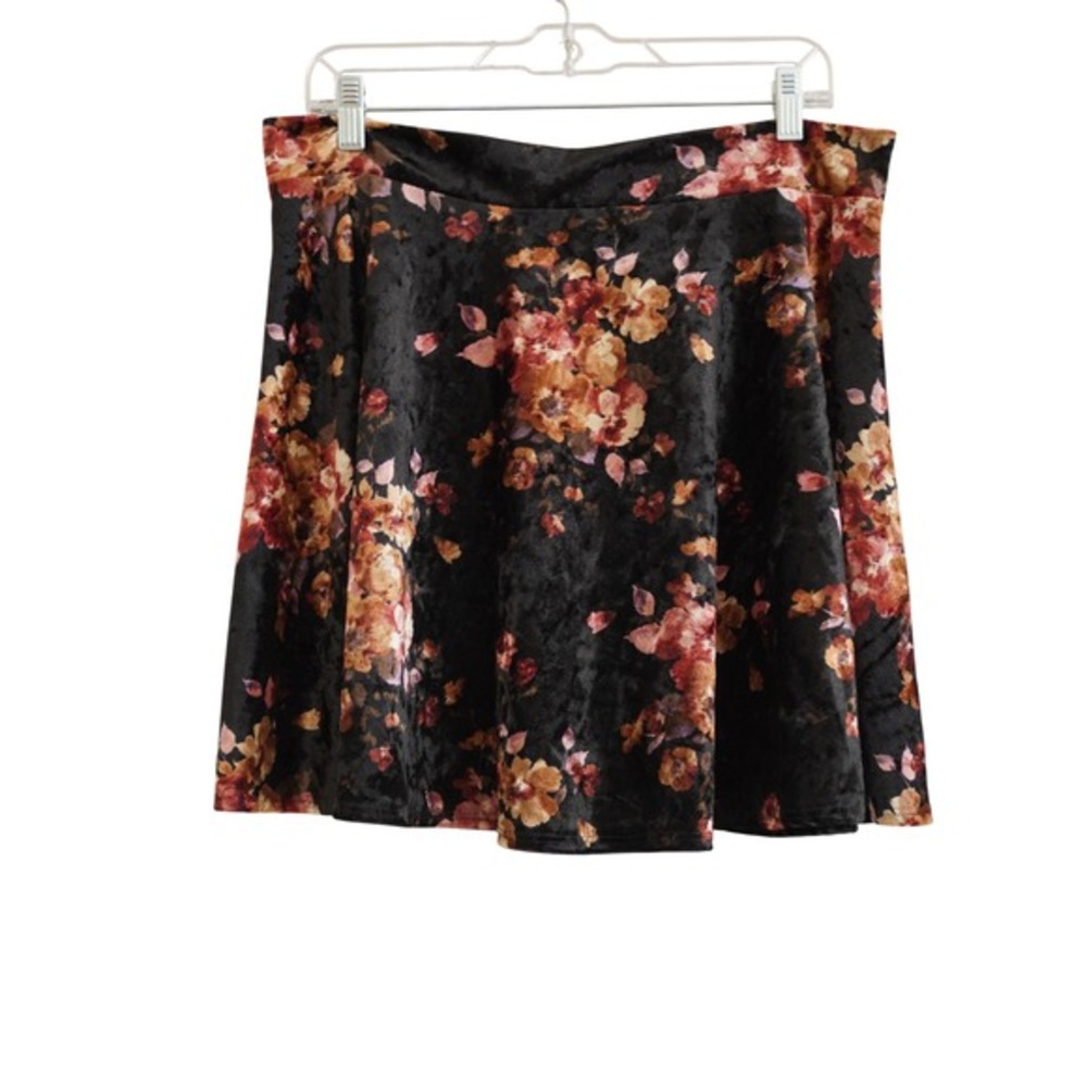 90s‎ Grunge Say Anything Floral Crushed Velvet Skater Mini Skirt XL Black Orange